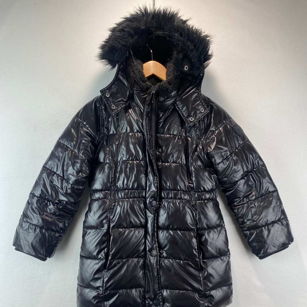 Abercrombie Kids Puffer Parka Kids 7/8 Black Glossy Faux Fur Thick Warm Coat